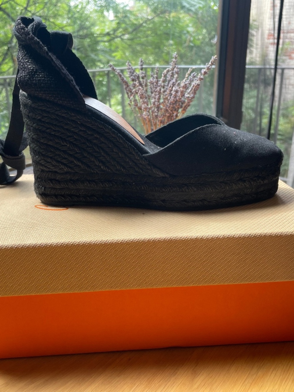 CASTANER wedge sandals all balck ankle wrap size 38